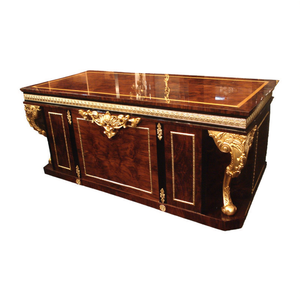 Dark Brown Engineered Wood Executive <b>Desk</b> with Gold-Tone Legs Classic Veneer Inlay 1-Year Warranty - Product Image 2