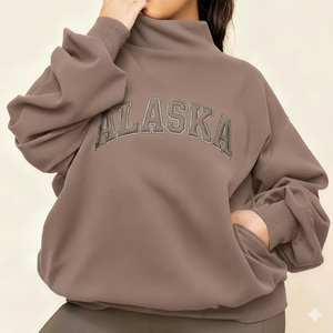 Sudadera Holgada con Cuello Alto y Estampado para Mujer, de Algodón Afelpado, Informal, para Invierno, con Insignia y Lentejuelas - Product Image 1