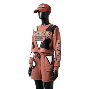 ชุดเซ็ตเสื้อสเวตเชิ้ตผ้าฝ้ายเฟรนช์เทอร์รี่สำหรับผู้หญิง 100% ผ้าฝ้าย 280 GSM เนื้อนุ่ม ผสมผสานดีไซน์แผงผ้าพิมพ์ลายพัฟพร้อมโลโก้สั่งทำพิเศษ - Product Image 4