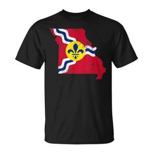 T-shirt unisexe pour adultes, manches courtes, col rond, impression numérique, drapeau de St Louis, carte du Missouri, promotionnel - Product Image 1