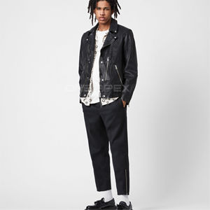 Veste de motard de rue haute personnalisable pour hommes en noir col rabattu en cuir véritable moto à la mode Streetwear - Product Image 2