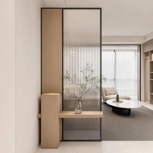Separador de ambientes minimalista de madera con panel de vidrio acanalado y estante de almacenamiento, partición translúcida móvil para sala de estar - Product Image 6