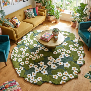 Tapis rond en laine tufté à la main motif marguerite botanique – Tapis classique pour salon 1 - Product Image 3