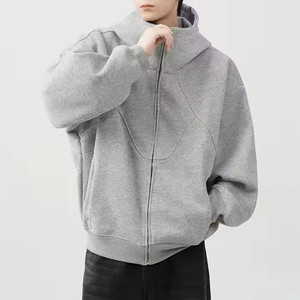 Customized logo Grey Stitching Zipper Hoodie Side Pocket New Design French Terry Hoodie Heavyweight Long Sleeve Windproof Hoodie - Product Image 3
