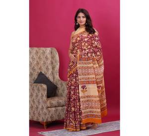 Malmal Sari en coton élégant pour femmes beau style Bollywood imprimé dessiné à la main pour les fêtes vêtements d'été - Product Image 1