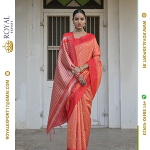 ผ้าส่าหรีผ้าไหมดิบทำด้วยมือมาใหม่ผ้าทอขอบสีตัดกันและลวดลายผ้าบันดานิแบบดั้งเดิม - Product Image 5