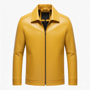Veste en cuir longue pour homme sur mesure, col en toile, style décontracté de rue, couleur jaune - Product Image 1