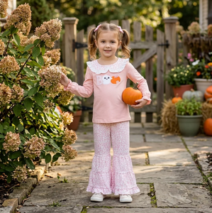 Girls Pink Leopard Print Long Sleeve Ruffle Top and Pants Set with Cartoon Applique Front Design Comfortable Style - Product Image 6