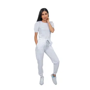 Women Antifluid White Scrub Set With Round Neck Top And Stretch Jogger Pants Cargo Pockets Custom