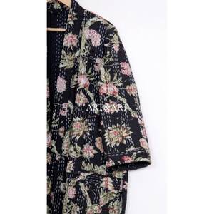 Vintage Dressing Gown Kimono HandStitch Silk Quilted Patchwork <b>Kantha</b> <b>Jacket</b> Multi Colored TieBelt Coat Winter <b>Jackets</b> for women - Product Image 5