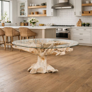 Luxury Eco-Friendly Natural Teak Root Dining <b>Table</b> Tempered Glass <b>Top</b> Handcrafted Reclaimed Solid <b>Wood</b> Base Rustic Modern Design - Product Image 3