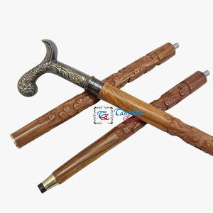 Tanishka Exports Adjustable Brown Wooden Walking <b>Stick</b> for Men Women Handcrafted Carved Flat Shaft Engraved Brass Handle 550gm - Product Image 4