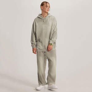 100% algodón 400 GSM peso pesado lavado ácido Streetwear chándal personalizado bordado estampado Sudadera con capucha pantalones de chándal conjunto de tela polar - Product Image 2