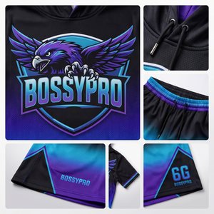 Ensemble de maillots d'e-sport personnalisés pour hommes Bossypro Industries, 100% polyester, sublimé, réversible, manches courtes, sweat à capuche, shorts, Dry-Fit - Product Image 4