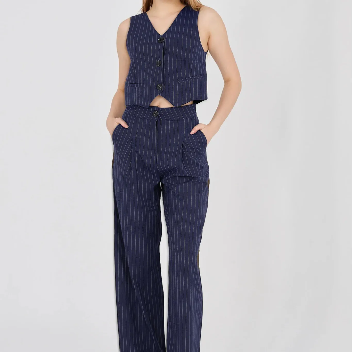 Débardeur femme bleu marine, pantalon long, ensemble haut-bas avec boutons et fermeture éclair