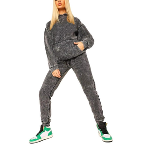 Conjunto Deportivo Gris Lavado para Mujer, Sudadera con Capucha de Manga Larga y Pantalones con Bolsillos Laterales, Diseño Sólido de Corte Holgado Informal - Product Image 3
