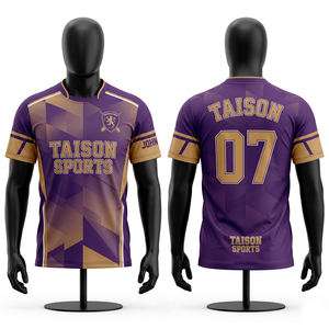 Mens <b>Cricket</b> Jersey 180 GSM Breathable Polyester Mesh Fabric Purple Gold Contrast Side Panels Sublimated Custom Logo Team Wear - Product Image 2