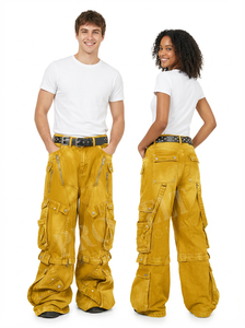 Loose Fit Unisex Burgundy Vintage Washed Denim <b>Cargo</b> Pants Wide Leg Streetwear Utility Zipper Pocket High Quality Denim Pants - Product Image 3