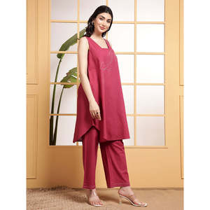 Deebco Women's Fuchsia Cotton 2-Piece Co-Ord <b>Set</b> Casual Sleeveless Floral Embroidery Loose Fit Top And Mid-Calf Length Trouser - Product Image 6
