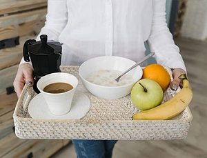 Plateau de service de couleur crème de conception classique Unique rotin métal verre acier acacia hôtel restaurant affichage de nourriture de table - Product Image 3