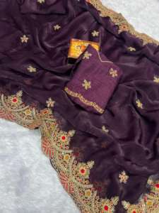 Sari de Satén Premium para Mujer con Bordado Pallu y Trabajo de Hilos Múltiples con Borde de Corte Arco, Última Moda - Product Image 6