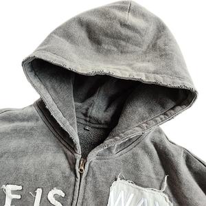 Sudadera con Capucha para Hombre, Diseño Desgastado, Bordada, Lavado Ácido, Transpirable, con Cierre, Personalizable, Gruesa, 100% Algodón Terry, Fabricantes OEM - Product Image 3