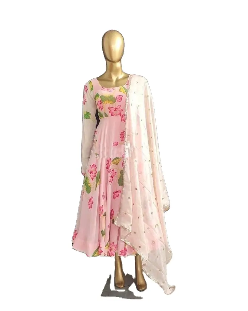 Vestido Maxi Georgette estampado de loto con bordado Dupatta