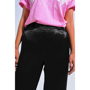 Pantalones de Vestir Anchos de Satén Negro, Cintura Alta, Estilo Casual, con Características Antiarrugas y Transpirables para la Temporada de Otoño - Product Image 5