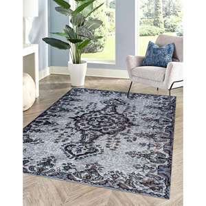 Alfombra Gris con Medallones: Estilo Étnico Turco, Fácil de Limpiar, Alfombra Estampada, Alfombra de Chenilla - Product Image 1