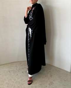 Handmade Black Silk Dubai Abaya Beautiful <b>White</b> Embroidery Anti-Wrinkle <b>Long</b> Sleeve Traditional Muslim Prayer Wear <b>for</b> Adults - Product Image 3