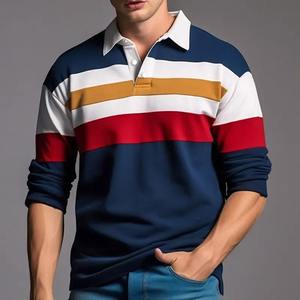 Polos con estampado de rayas de colores para hombre, camisetas de manga larga informales de negocios diarios, camiseta con botón de solapa a la moda, ropa holgada de otoño - Product Image 5