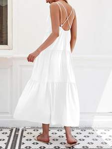 Prix de gros solide uni 100% rayonne Maxi robe blanc dos nu lâche été bohème décontracté Maxi robe - Product Image 2