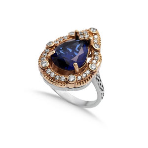 Turkish Jewellery Ottoman Authentic Style Pear Design <b>Ring</b> <b>Sapphire</b> CZ Stone Silver Handmade Wholesale - Product Image 1