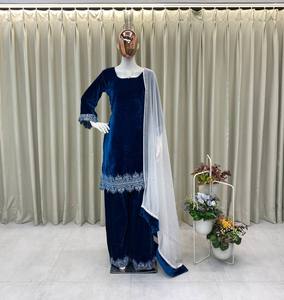 Luxury Modest Quick Dry Party Dress <b>Gauze</b> Sequins Design Satin <b>Fabric</b> Stand Collar Regular Fit Plus Size Velvet Salwar Kameez - Product Image 3