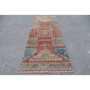 พรมขนแกะทำมือสีแดงสีน้ำเงินคลาสสิกขนาด3.2 x 8.6ft พื้นที่ขนาดใหญ่พรมสี่เหลี่ยมตุรกีพรมแอบสแตรกต์ขนาด10มม. สำหรับพรมห้องโถง - Product Image 1