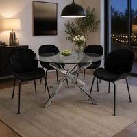 Table à manger ronde moderne de luxe en verre trempé avec pieds en métal chromé pour la maison, l'hôtel, le restaurant, 4 places
