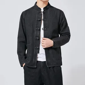 High Quality Denim 2023 Autumn Men new Style Tang Suit Washed Denim Top Stand Collar Jacket Denim Pant