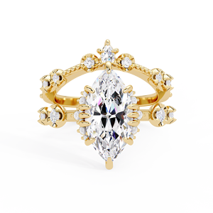 Vintage Jewelry Curved Double Band <b>14K</b> Solid <b>Gold</b> Marquise Cut Lab Grown Diamond IGI Certified Milgrain Border Engagement <b>Rings</b> - Product Image 4