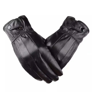 Gants d'hiver en cuir noir personnalisés sangle bouton pression fermeture régulière doublure en laine de fourrure Logo privé-pour le cyclisme en plein air - Product Image 2