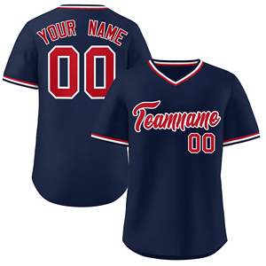 Maillot de baseball bleu marine pour hommes, nom et numéro d'équipe personnalisés, bordure rouge, col en V, manches courtes, polyester respirant, uniforme de sport - Product Image 1