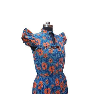 Élégant femmes 100% coton Midi robe moulante col en V écologique lavable nettoyage à sec Sexy respirant flore motif volants - Product Image 4