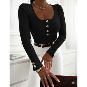 Blusa Camisola de Manga Larga para Mujer, con Escote Abierto y Detalle de Botones, 29753 - Negro - Product Image 1
