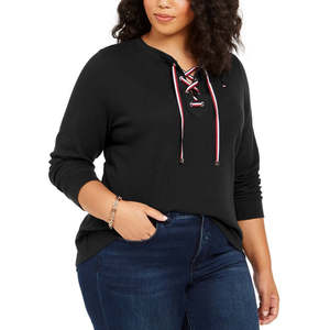 Top Casual da Donna Tommy Hilfiger in Maglia Waffle Stampata con Lacci e Decorazioni a Bottoni, Nero, Taglia 2X - Product Image 1