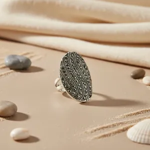 Romantic Vintage Style <b>Silver</b> Marcasite Oval Cut Gemstone <b>Ring</b> Inlay Setting <b>Statement</b> Jewelry for Women - Product Image 2