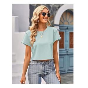 T-shirt décontracté pour femmes du fabricant du Bangladesh couleur unie 100% coton maillot simple col à manches courtes grande taille respirant - Product Image 4