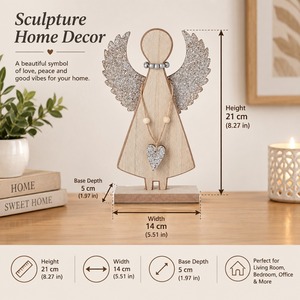 Décoration d'ange en bois faite à la main avec des ailes scintillantes et un pendentif en forme de cœur, ornement de table rustique pour Noël - Product Image 4