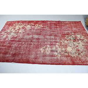 Vintage Rug, 4.9x8.4 ft Turkish Rug, <b>Red</b> White Camouflage <b>Wool</b> Rug - Product Image 4