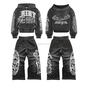 Ensemble de survêtement unisexe personnalisé avec sweat à capuche zippé et pantalon de jogging, coupe ample, effet vieilli, délavé à l'acide, évasé, imprimé, éco-responsable - Product Image 5