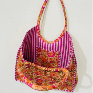 กระเป๋าผ้าฝ้ายพิมพ์ลายบล็อกแบบอินเดีย บุผ้าฝ้ายอย่างดี ทรงเปิด ใช้เป็นกระเป๋าช้อปปิ้งหรือสะพายไหล่ สีพื้น สำหรับผู้หญิง เหมาะสำหรับฤดูร้อนและฤดูใบไม้ร่วง - Product Image 1