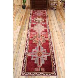 2.7x12.1 ft <b>Runner</b> Vintage Turkish Rug, <b>Red</b> Southwestern Wool Rug - Product Image 1